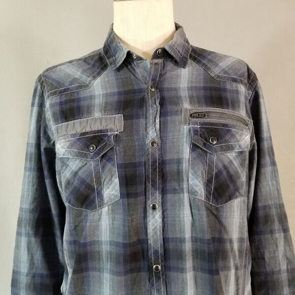 Inc International Concepts shirt men's large blue plaid Pearl snap Western - Picture 2 of 12